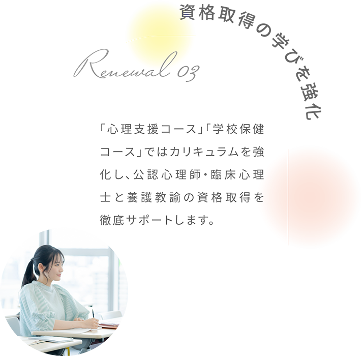 資格取得の学びを強化 Renewal03 「心理支援コース」「学校保健コース」ではカリキュラムを強化し、公認心理師・臨床心理士と養護教諭の資格取得を徹底サポートします。